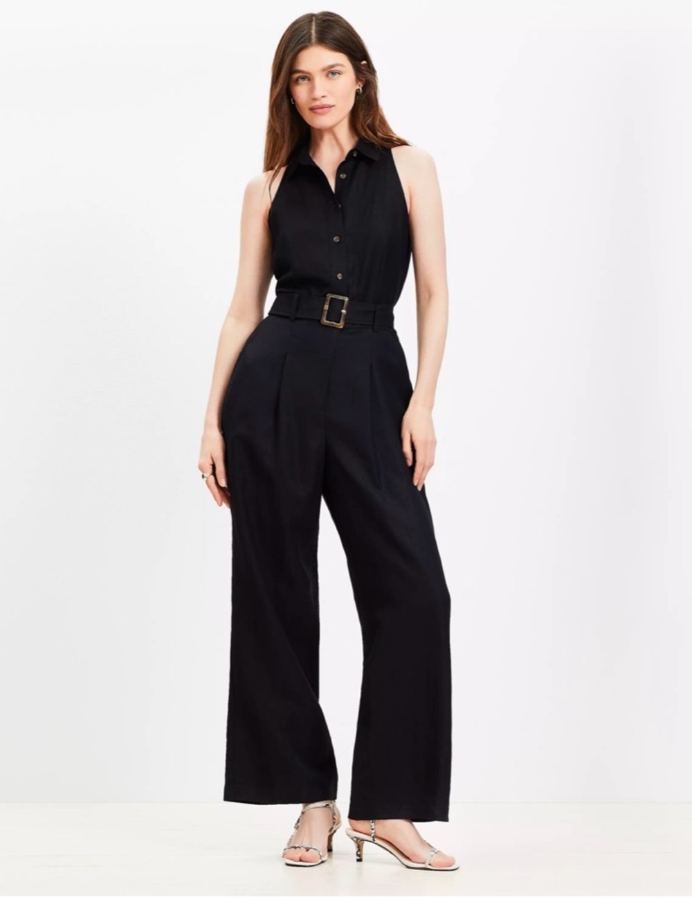 LOFT Black Sleeveless Belted Wide-Leg Jumpsuit